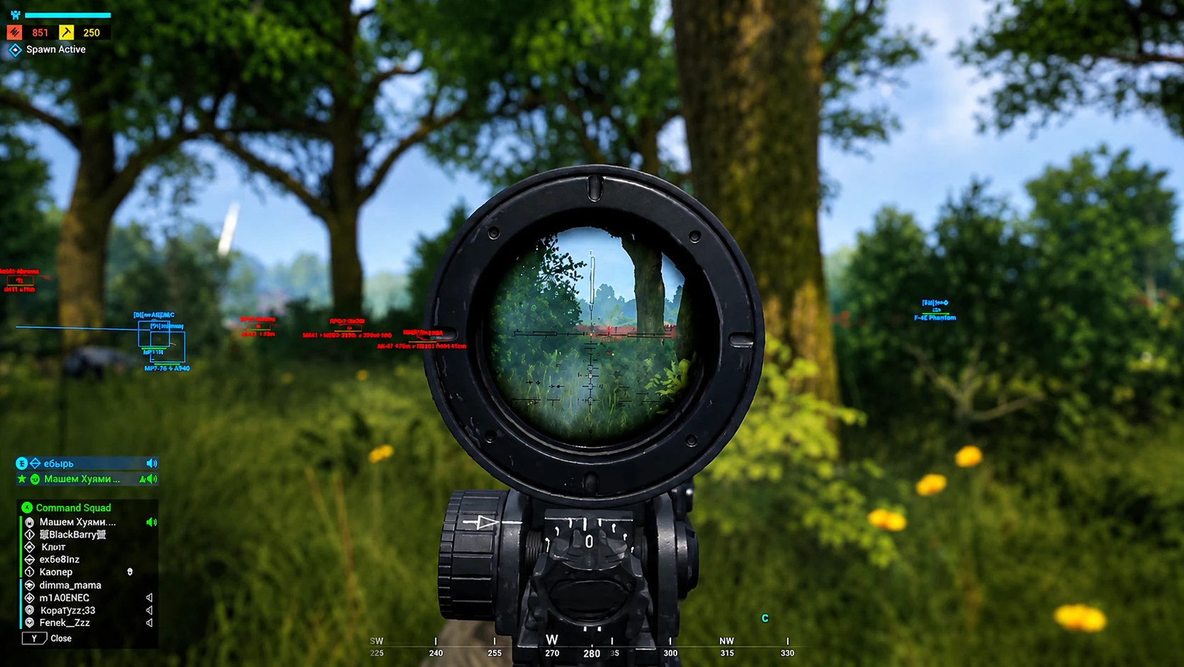 Squad ESP cheat showing player boxes, distance, and health bars